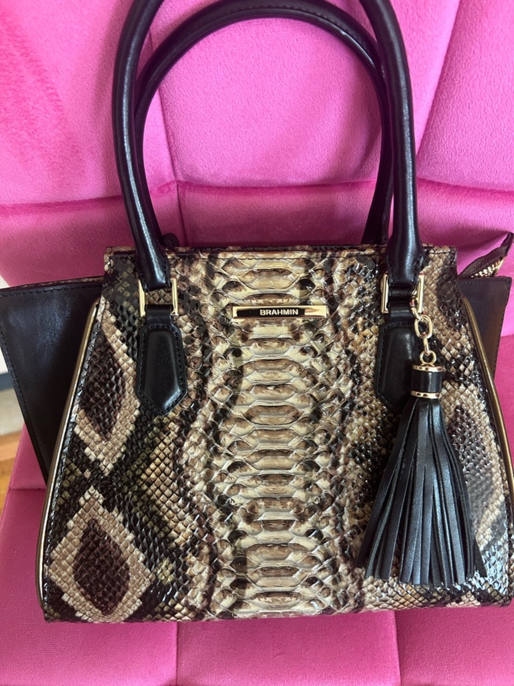 Brahmin Black & Beige Python-Print Satchel with Tassel